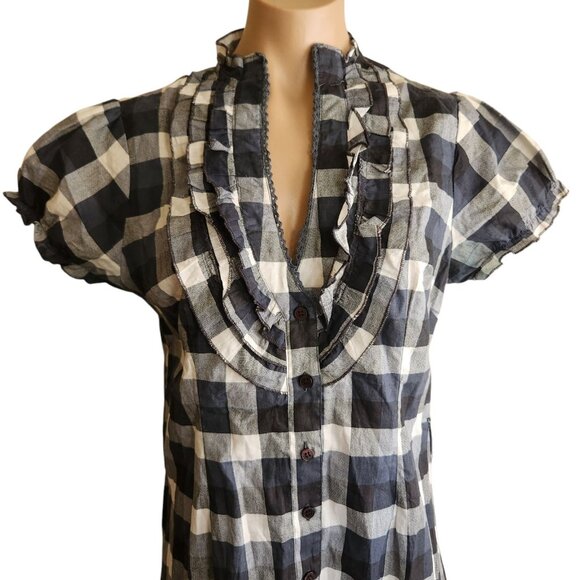Y2K Vintage Ruffle Button Down Mini Checkered Shirt Dress Jrs Medium - Picture 2 of 9